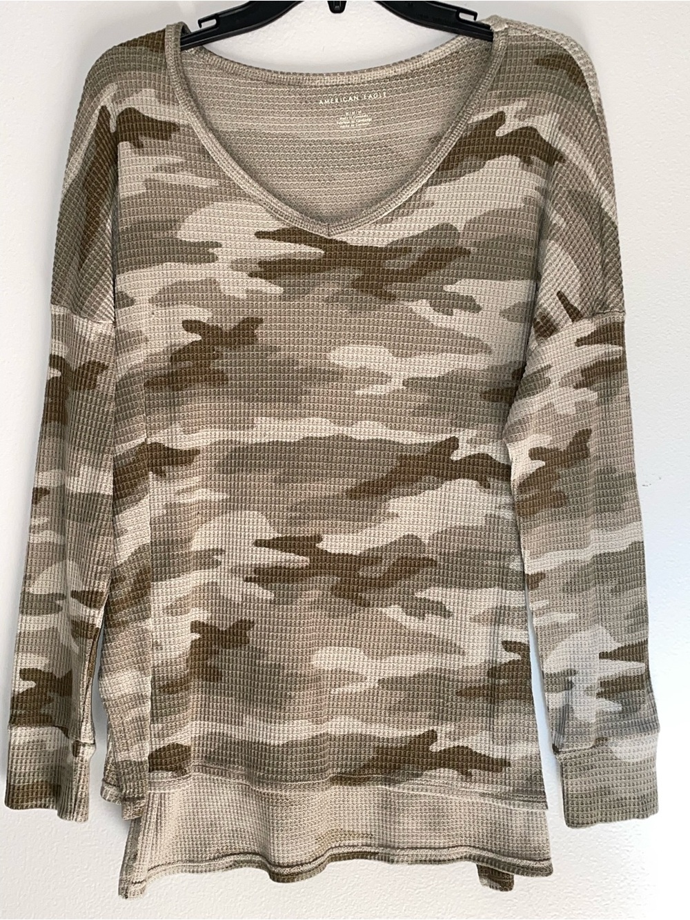 American Eagle Outfitters Beige & Olive Camo Waffle Long-Sleeve Top